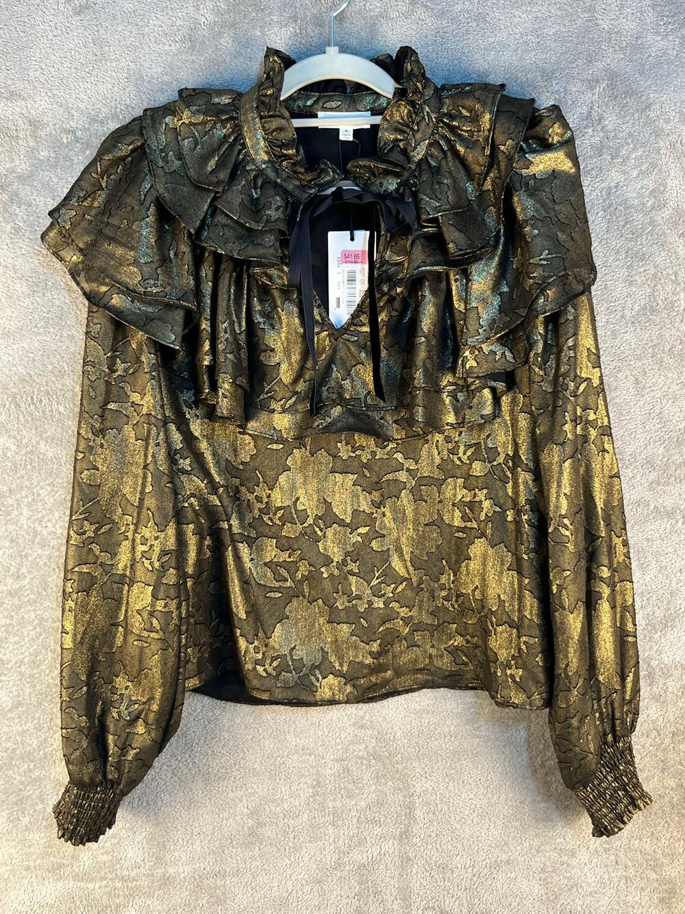 A Loves A Blouse Medium Black Gold Lace Ruffled Whimsigoth Coquette Holidays NWT